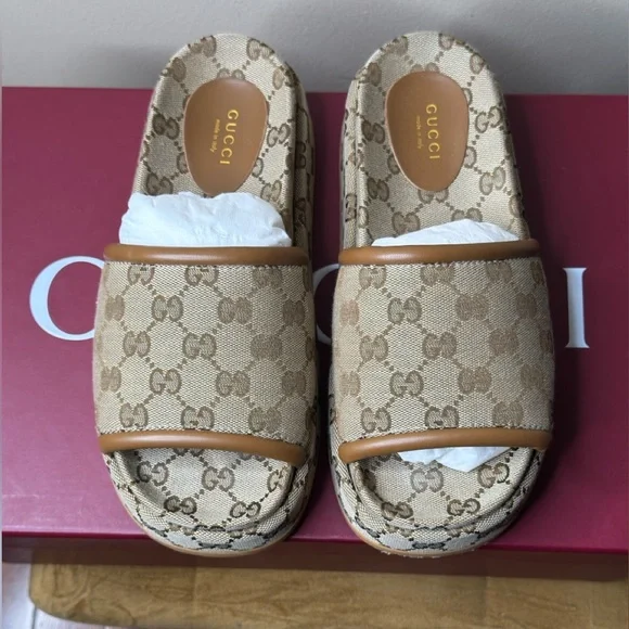 Gucci Gg Platform Women's Beige Monogram Slide Sandals - Picture 4 of 10